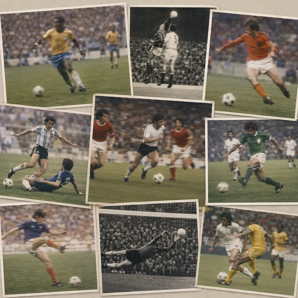 Collage of vintage blurred World Cup match action shots from different decades,