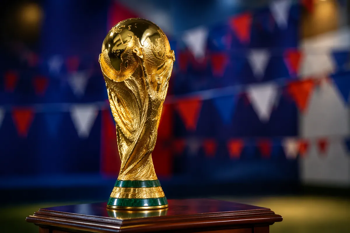 Golden FIFA World Cup trophy placed on a polished dark wooden table, blurred background wi