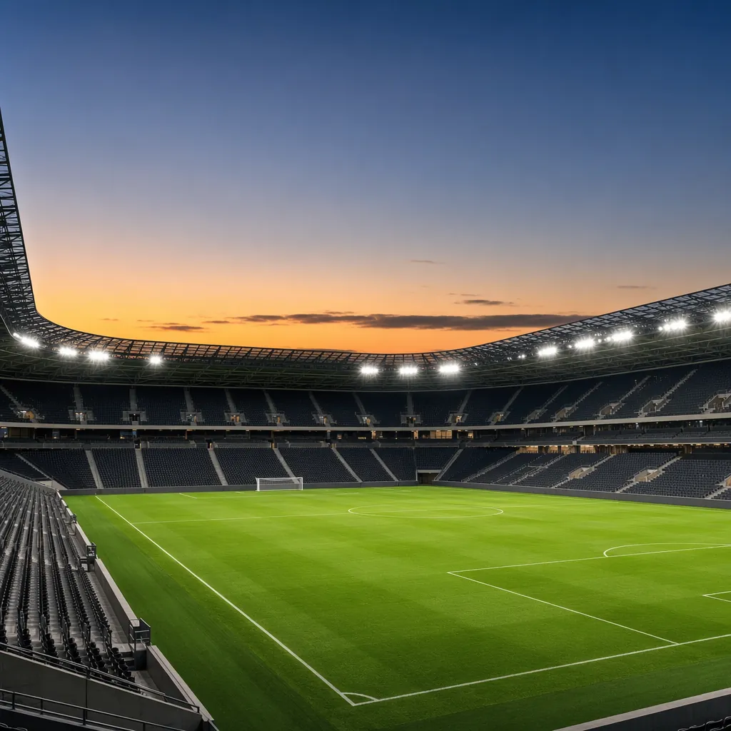 Wide shot of a modern football stadium at dusk, bright floodlights illuminating