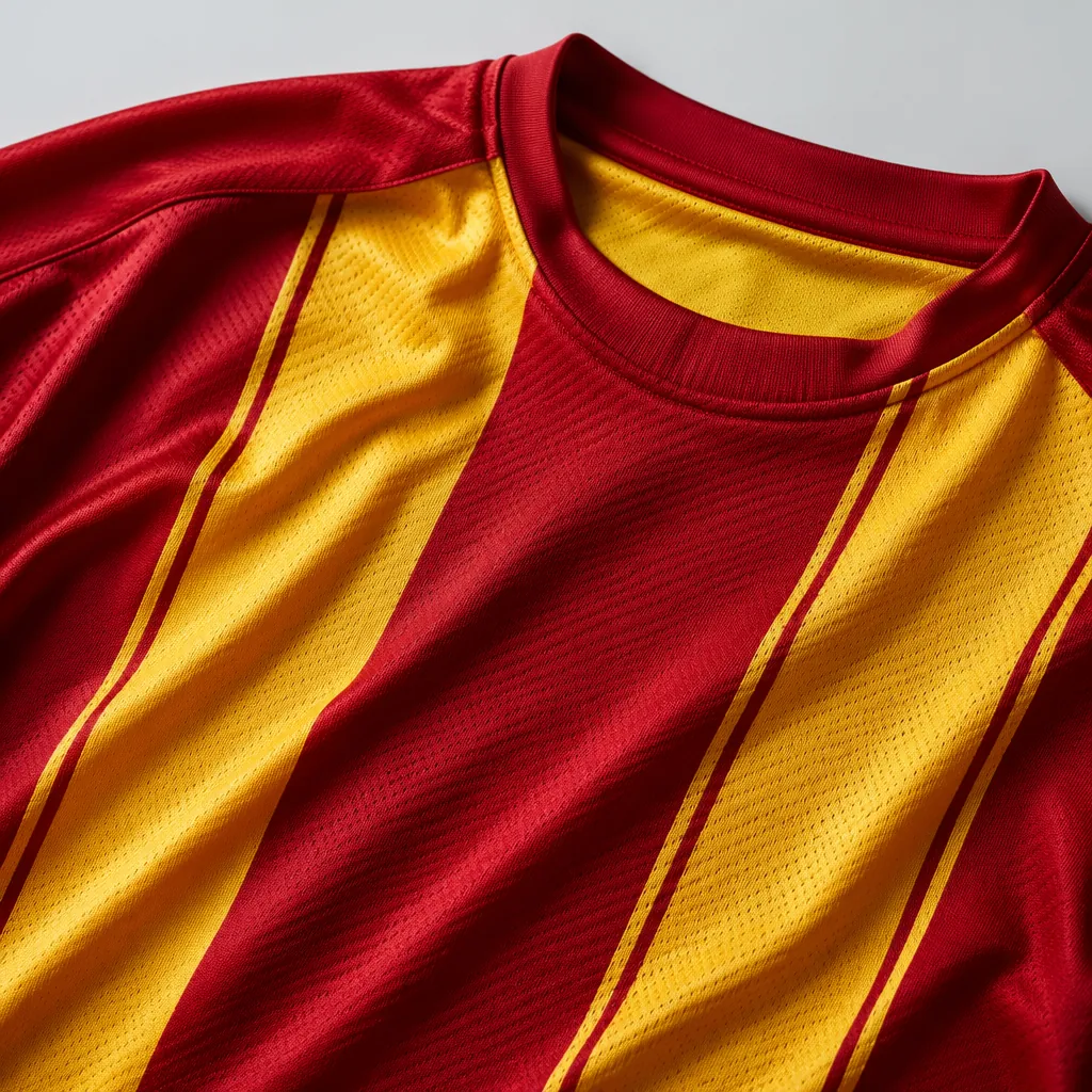 Close up of a red and yellow football jersey laid flat on a neutral background,