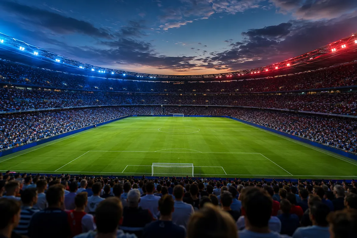 A wide shot of a generic football stadium at dusk, empty green pitch, blue and red stadium