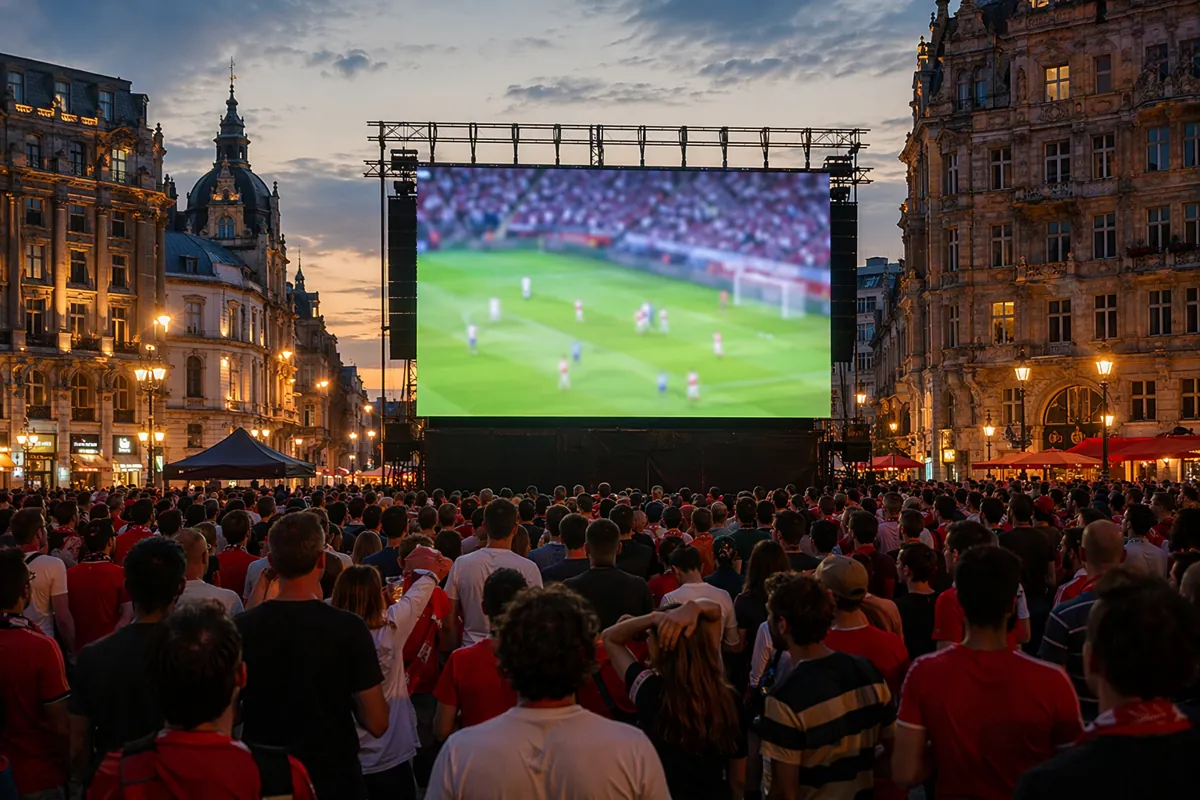 Wide shot of a large outdoor LED screen in a bustling European city square at dusk, crowd