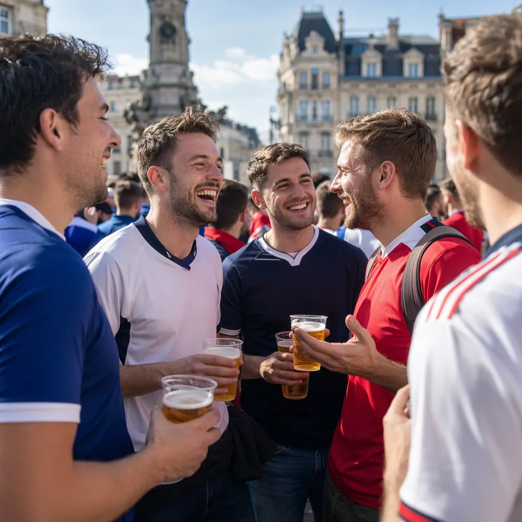 Group of cheerful football fans gathered in a city square, wearing generic footb