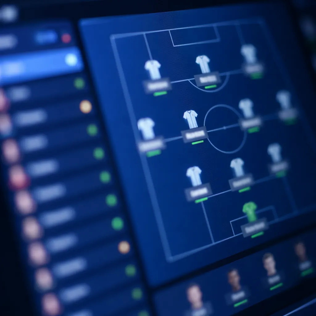 Close up of a generic football video game interface on a screen, blurred team lo