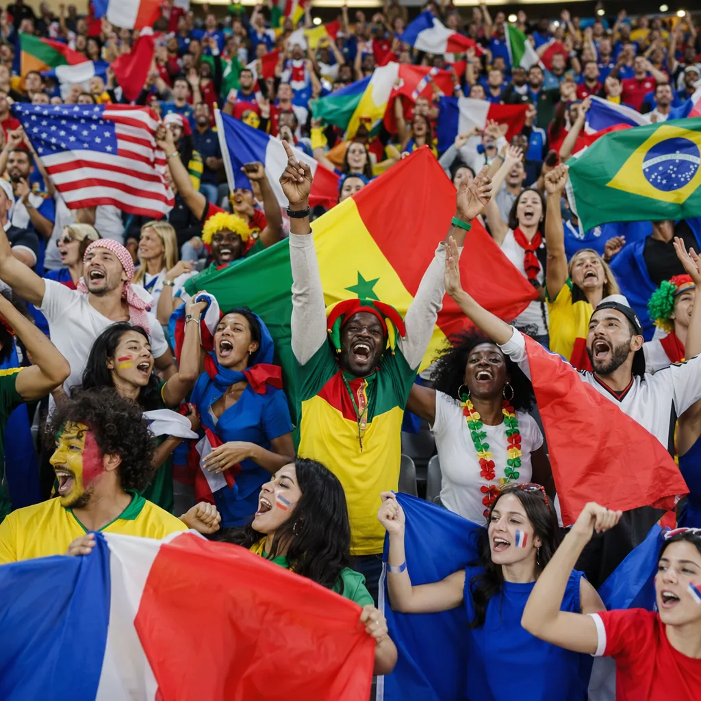 Wide shot of passionate football fans waving national flags and cheering in stad