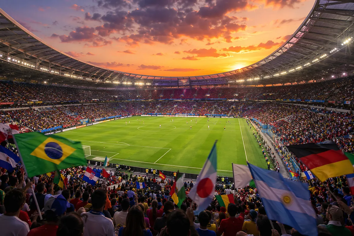 Wide shot of a modern World Cup soccer stadium at dusk, with colorful fan flags waving in