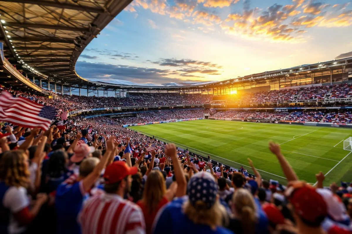 Wide shot of a modern American soccer stadium at golden hour, blurred fans in red, white a