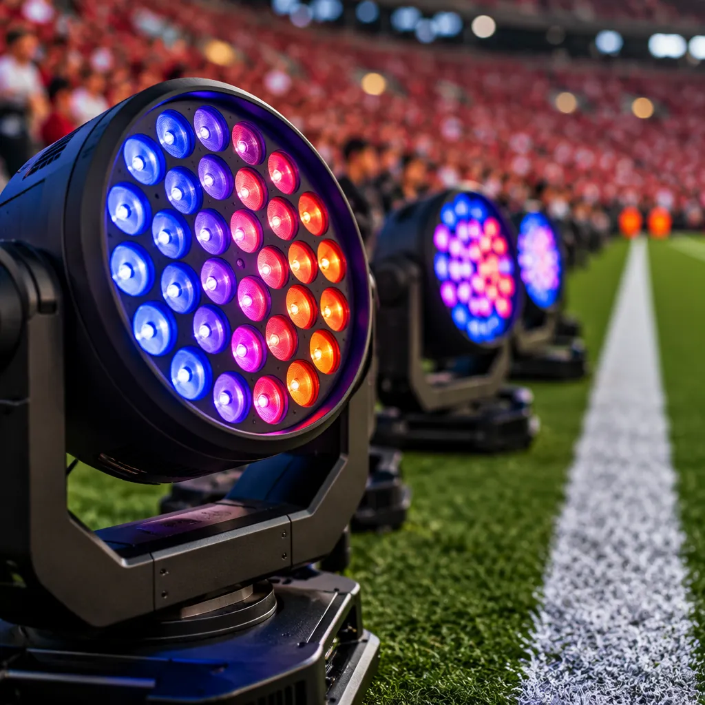 Close up of colorful stage lighting equipment on a football field, blurred backg