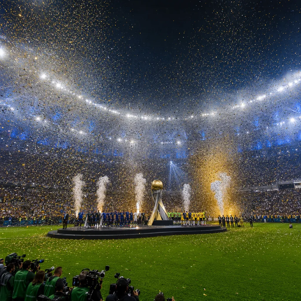 Wide shot of World Cup ceremony atmosphere, vibrant confetti in the air, green f