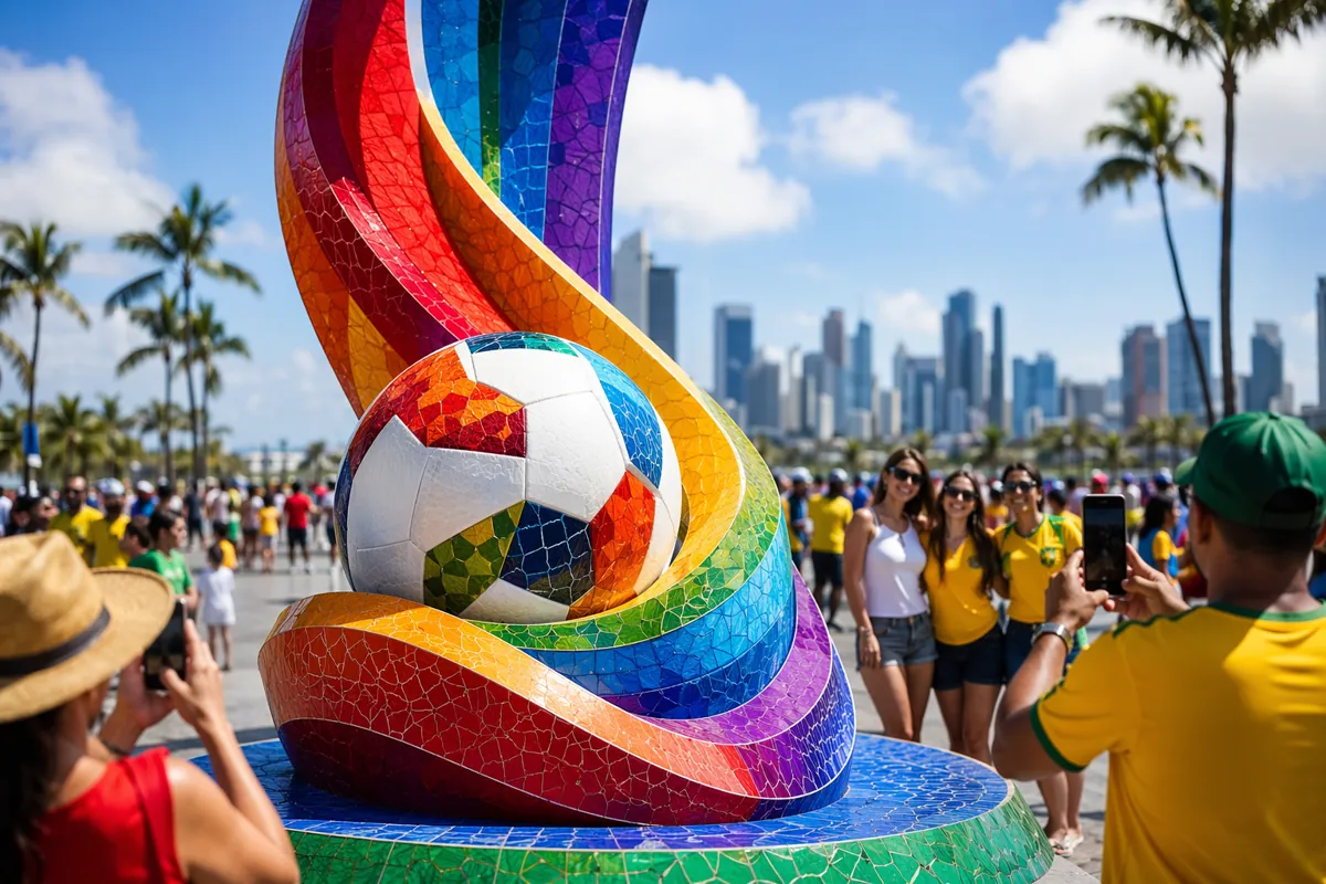 Vibrant wide shot of a colorful 2026 World Cup themed public installation in a sunny host