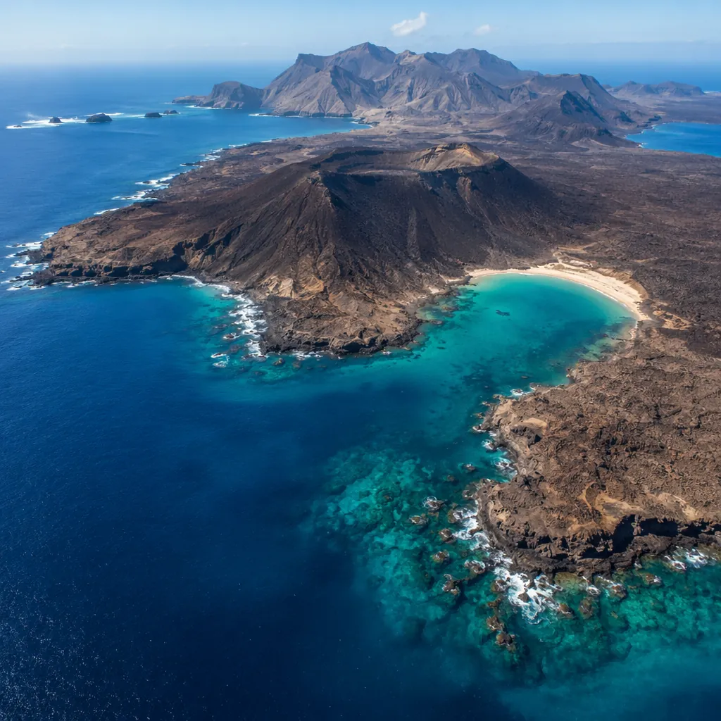 Aerial view of Cape Verde volcanic islands with clear blue ocean, bright sunligh
