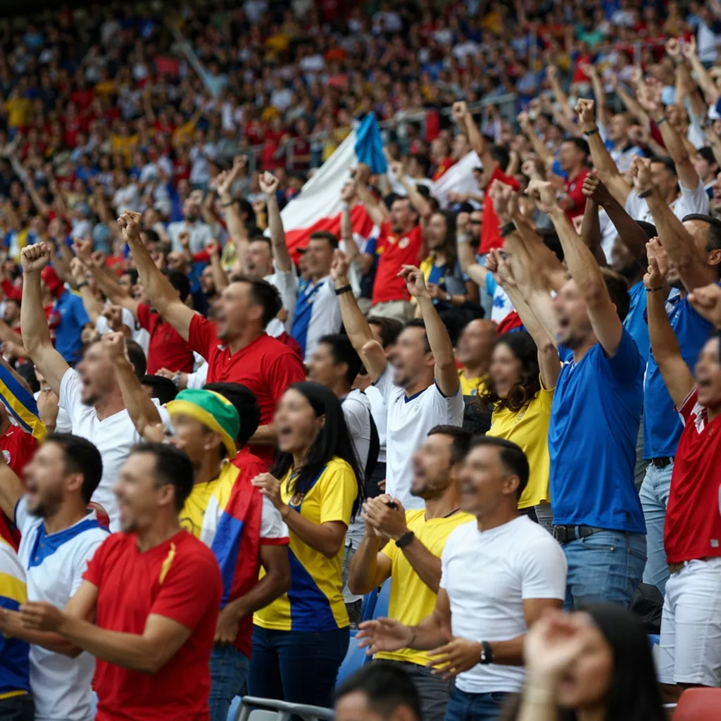 Wide shot of diverse football fans wearing generic national team jerseys, cheeri