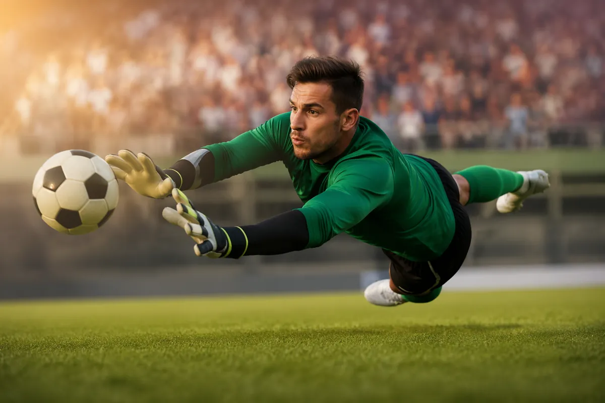 Professional editorial photo of a soccer goalkeeper in generic uniform making a diving sav