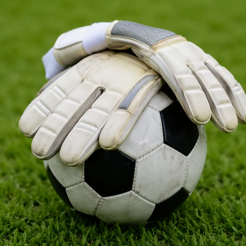 Close up shot of goalkeeper gloves resting on a soccer ball on green grass field