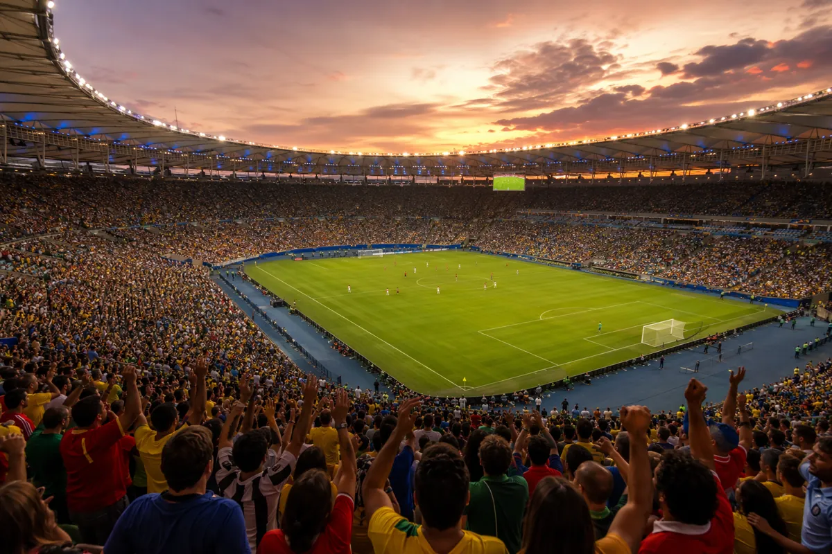 Wide shot of a packed world cup final stadium at sunset, green football pitch in the cente