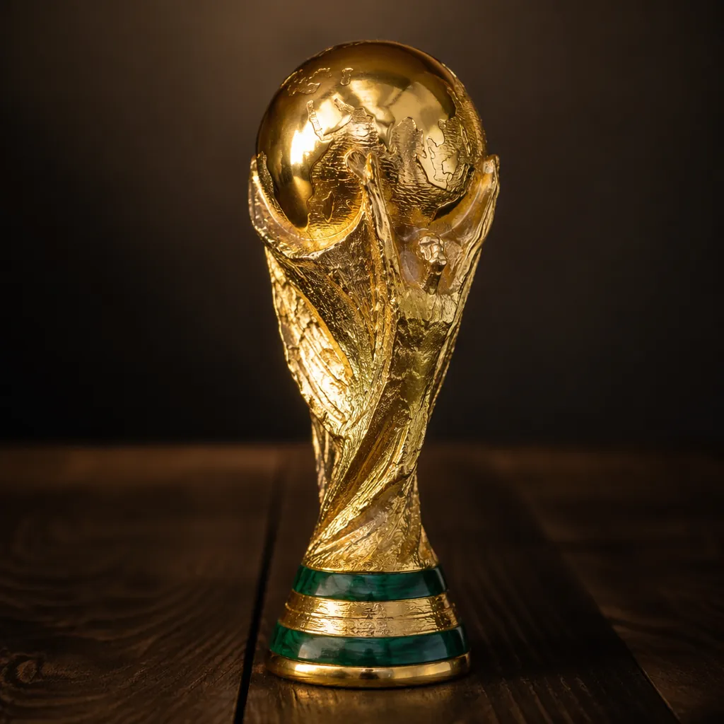 Close-up of a generic world cup trophy replica on a dark wooden surface, soft wa