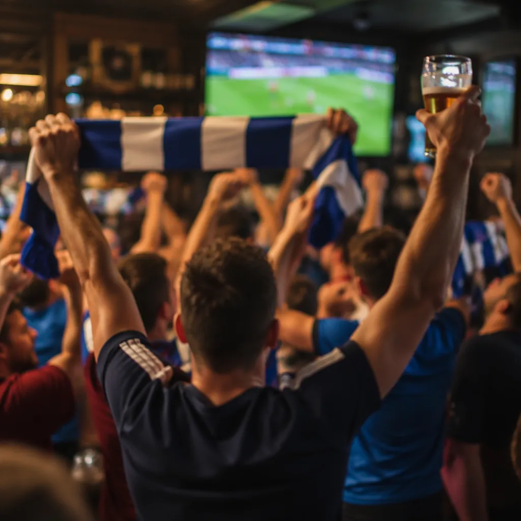 Blurred shot of football fans cheering in a sports bar, holding generic scarves