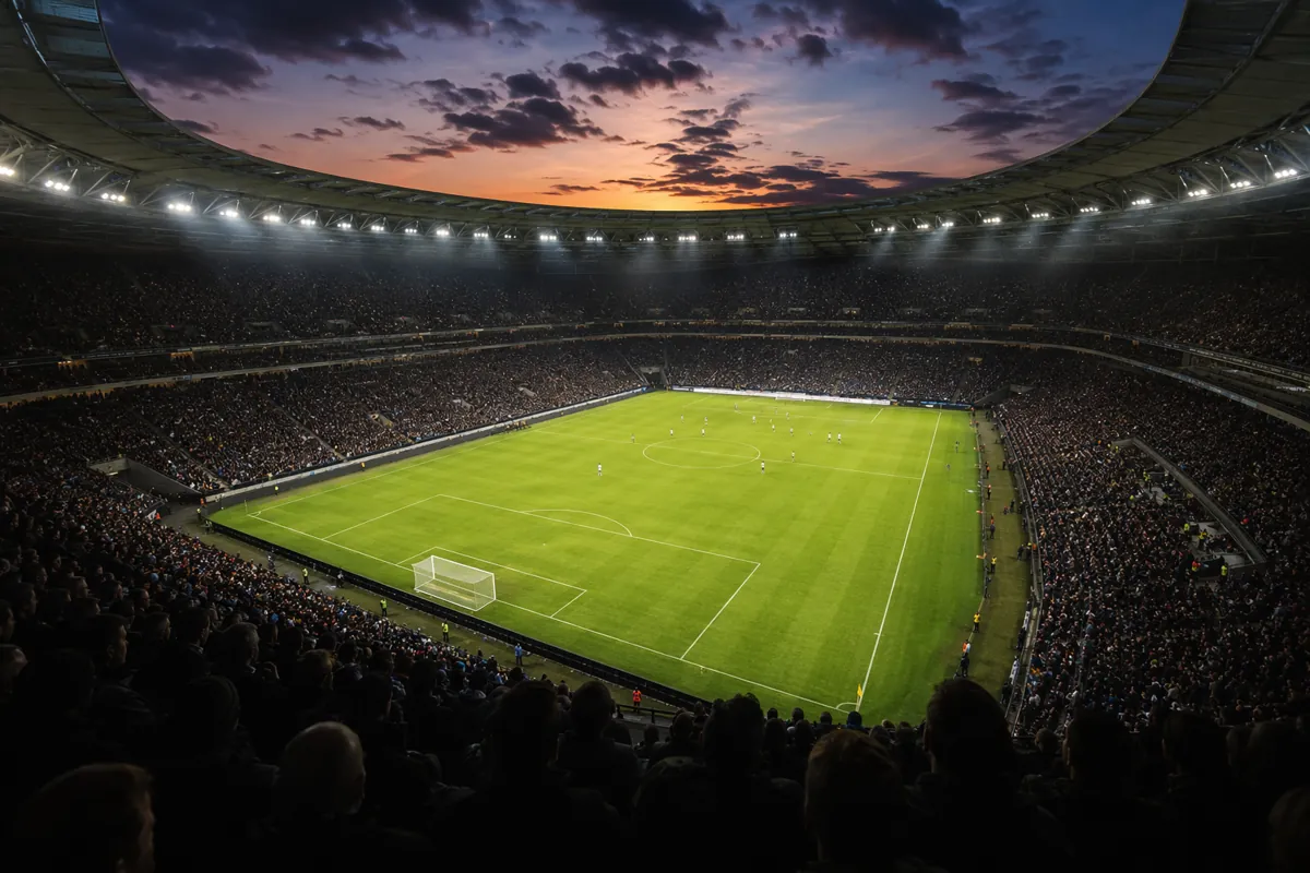 Professional news photograph of a large soccer stadium at dusk, green pitch in the center,