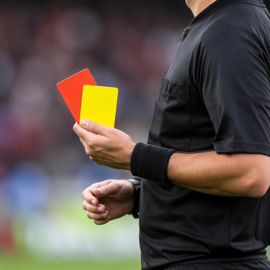 Close-up shot of a soccer referee holding a yellow and red card, side angle, no