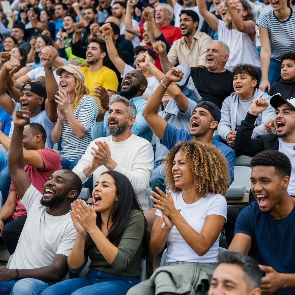Wide shot of diverse soccer fans sitting in stadium stands, cheering, no visible