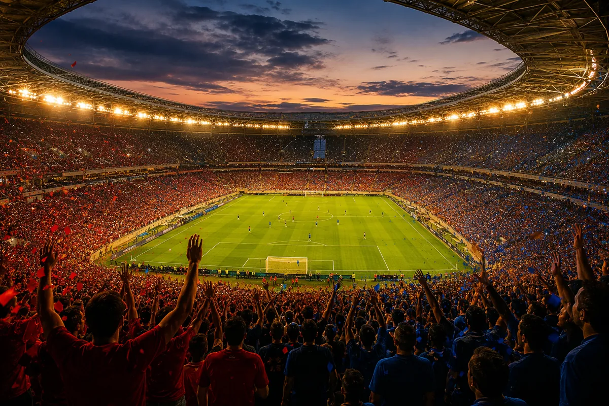 Stunning wide shot of a packed FIFA World Cup final stadium at dusk, golden floodlights il