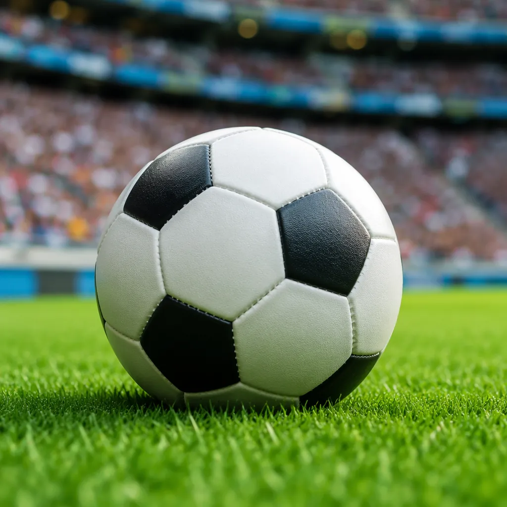Close up shot of a standard football on a pristine green World Cup pitch, with b