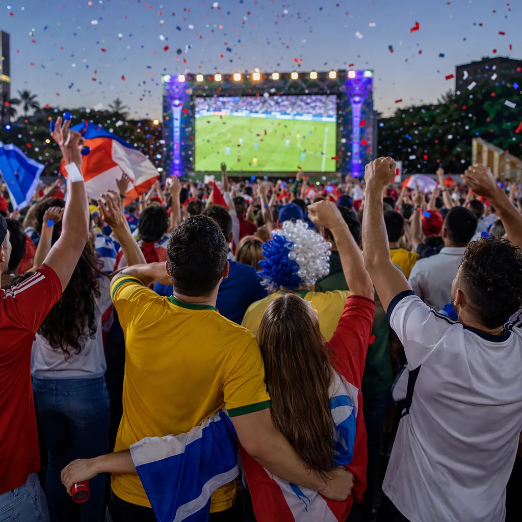 Wide shot of World Cup fans celebrating in a public viewing area, wearing generi
