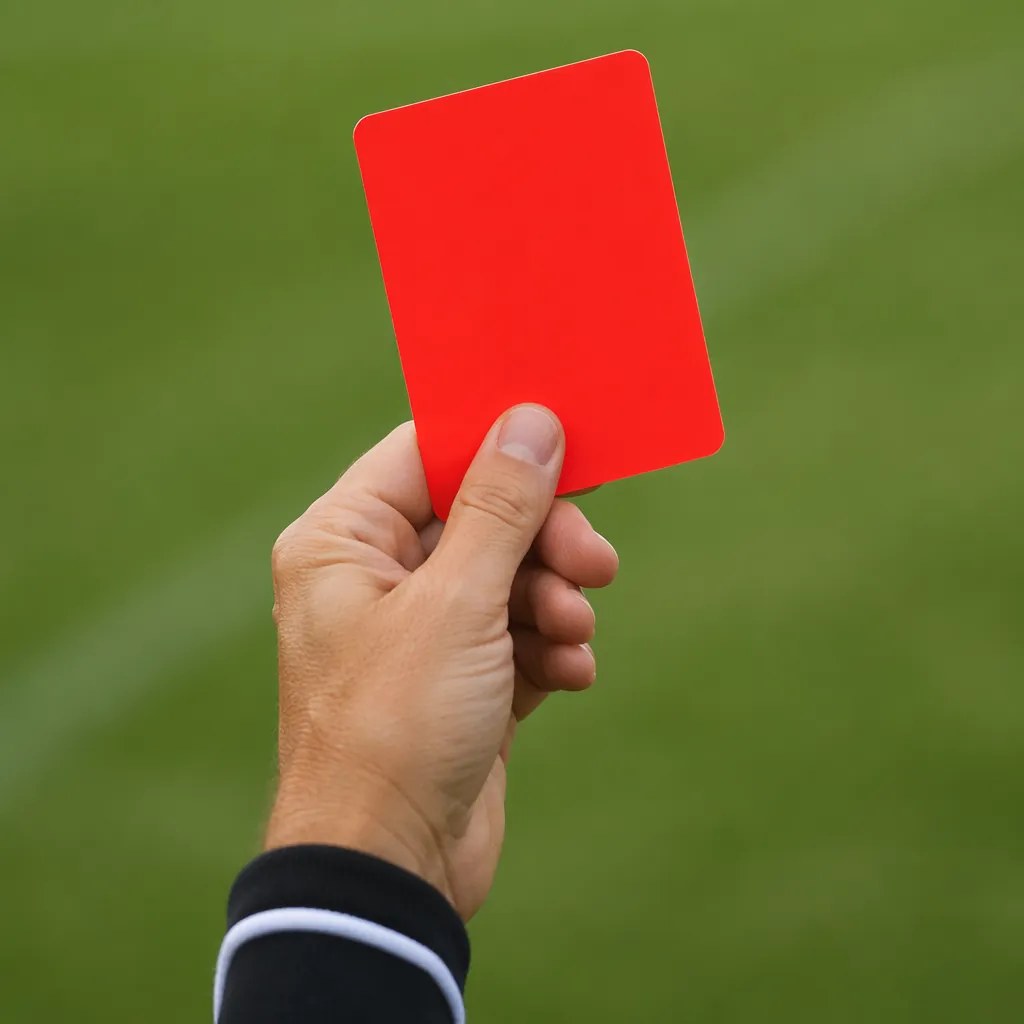 Close up shot of a red card held in a referee's hand, blurred green pitch in the