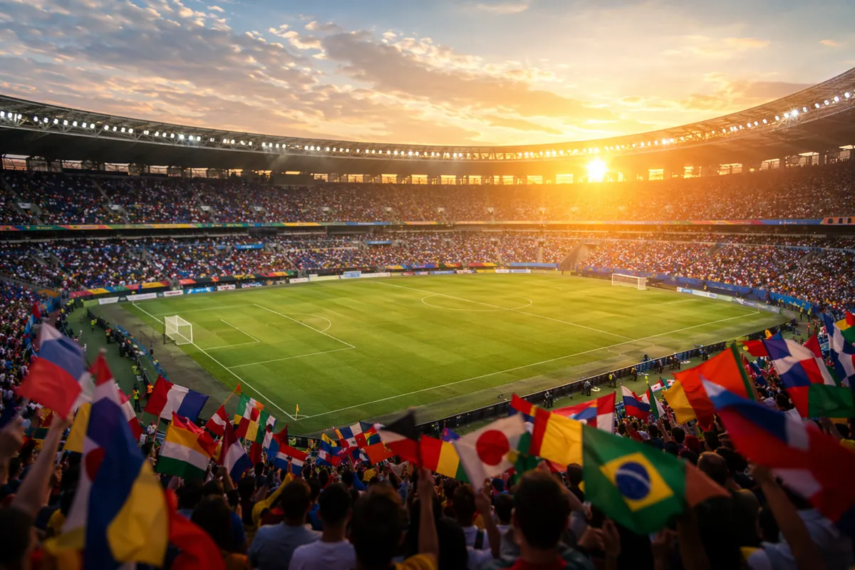 Wide shot of a generic football stadium during golden hour, empty green pitch with soft su