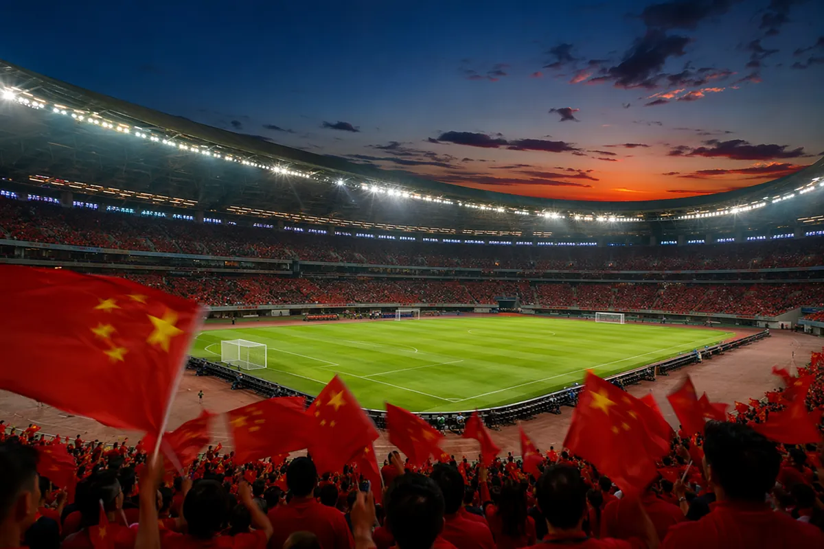 Wide shot of a professional football stadium at dusk, empty green pitch with bright floodl