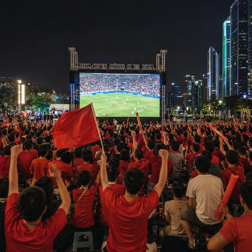 Wide shot of a group of football fans watching a match on a big screen in a publ