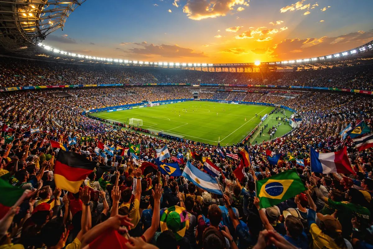Wide shot of a packed World Cup football stadium at golden hour, vibrant crowd waving nati