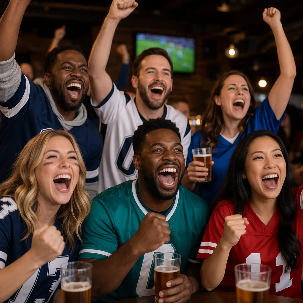 Group of diverse football fans cheering in a sports bar, wearing generic footbal