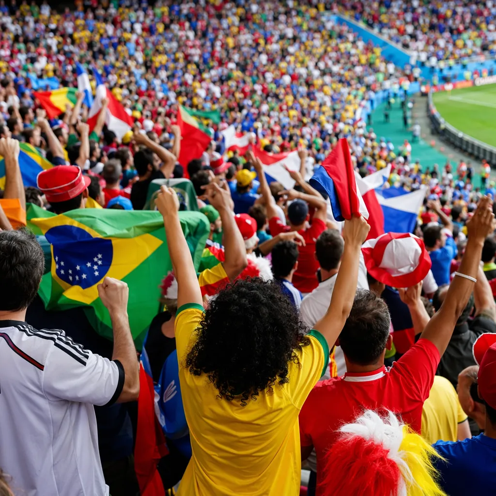 Wide shot of anonymous football fans cheering in stadium stands, wearing generic