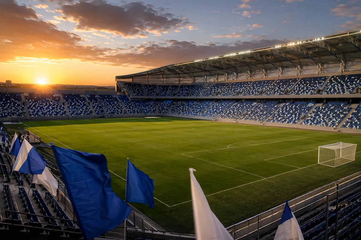 Wide shot of a professional football stadium at dusk, green pitch, empty stands decorated