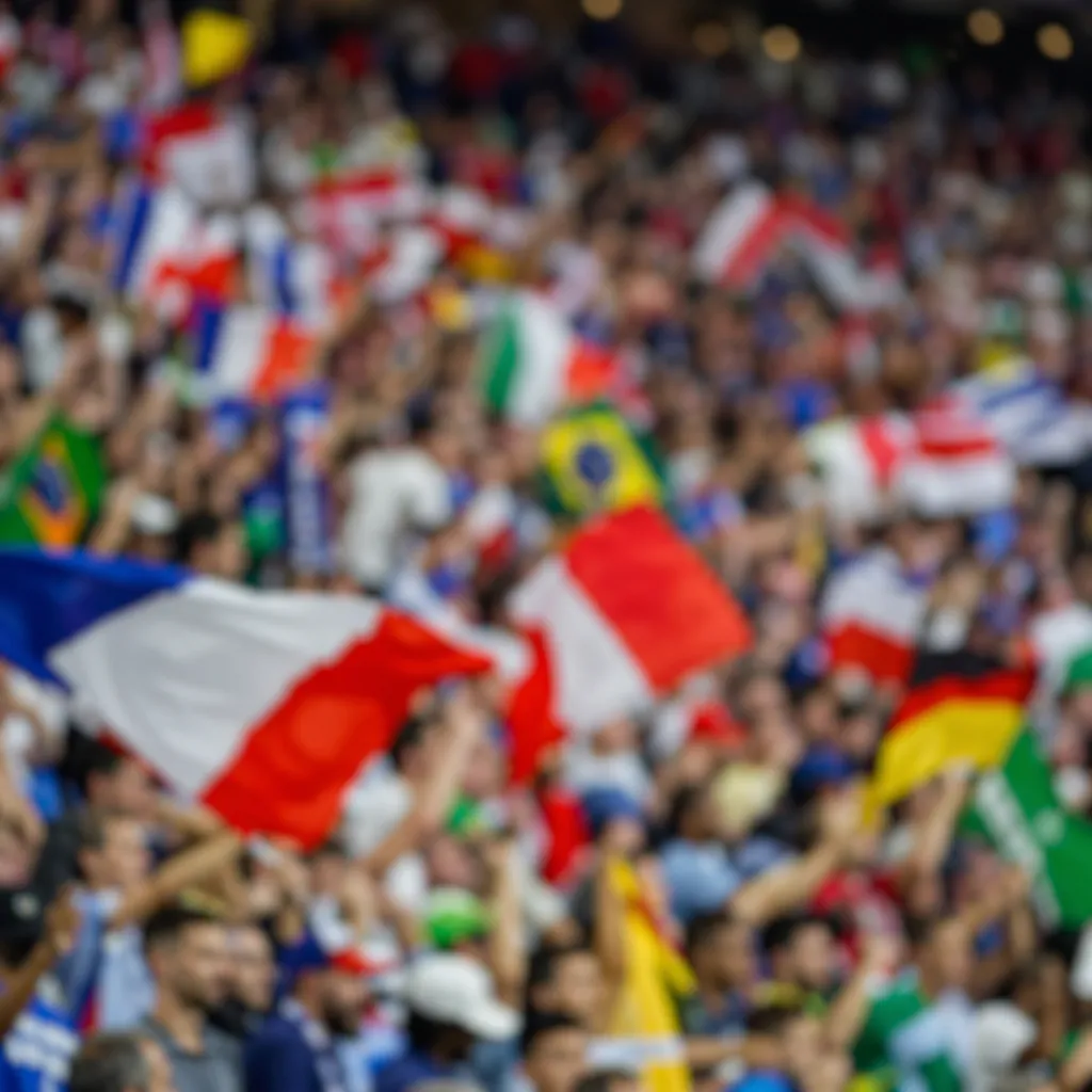 Blurred background shot of diverse football fans waving generic national flags i
